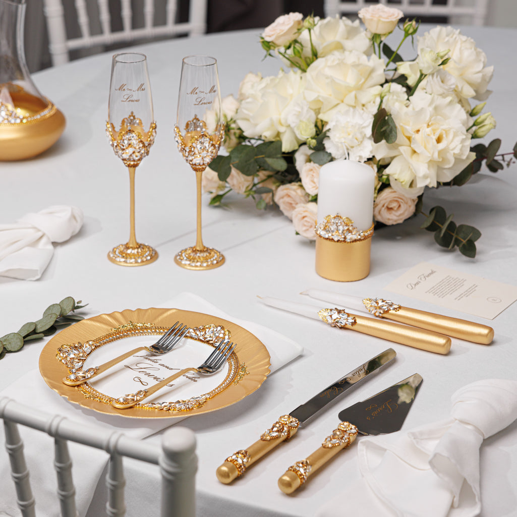 Personalized Gold Wedding Champagne Flutes & Cake Knife Server Set,  10 items  | The Èlliance Valencia Engraved Classic set plus