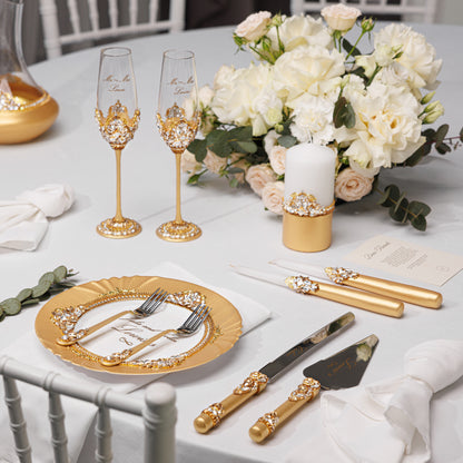 Personalized Gold Wedding Champagne Flutes & Cake Knife Server Set,  10 items  | The Èlliance Valencia Engraved Classic set plus