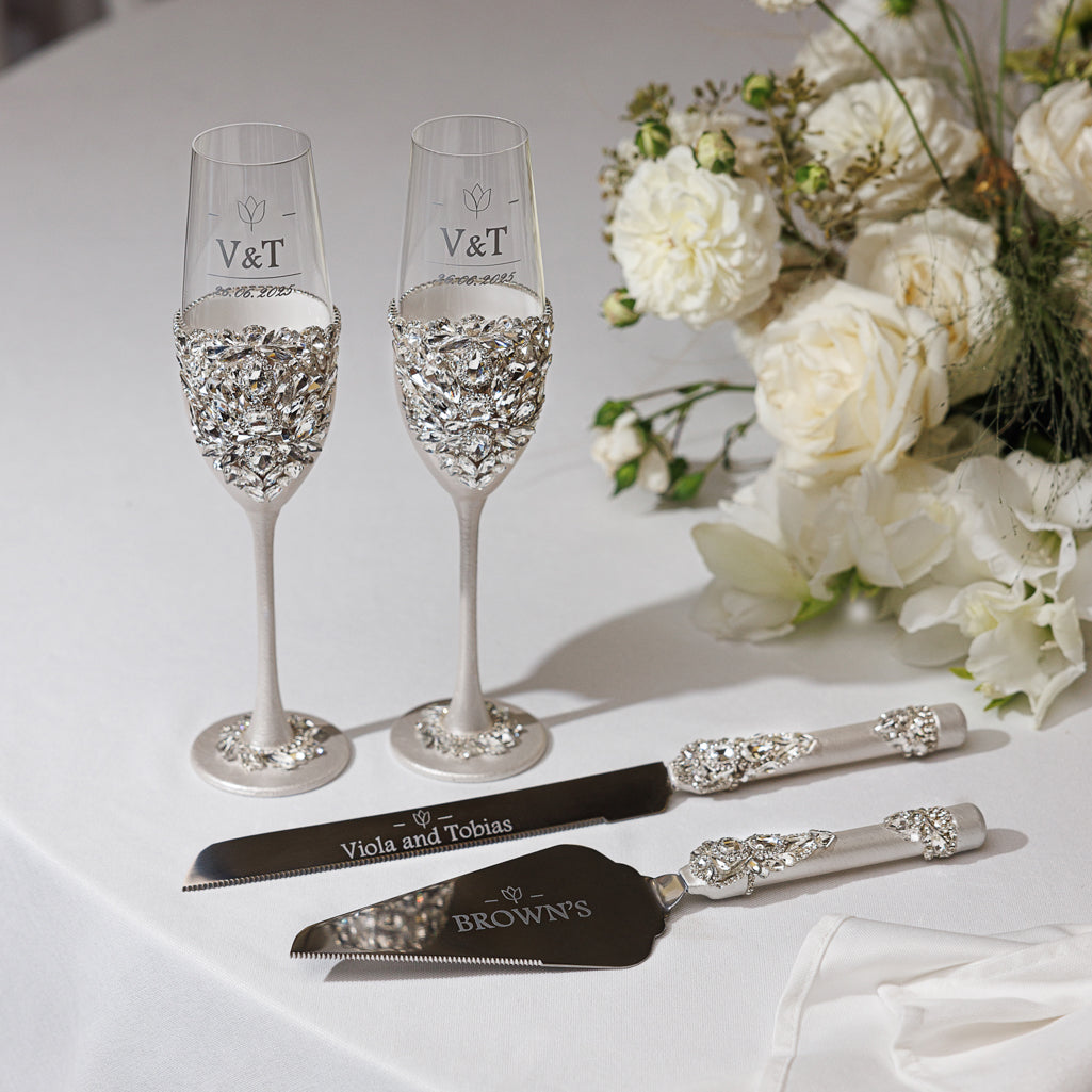 Personalized Ivory Wedding Champagne Flutes & Cake Knife Server set, 4 items  |  The Èlliance Gloria Engraved Flutes and Cake set