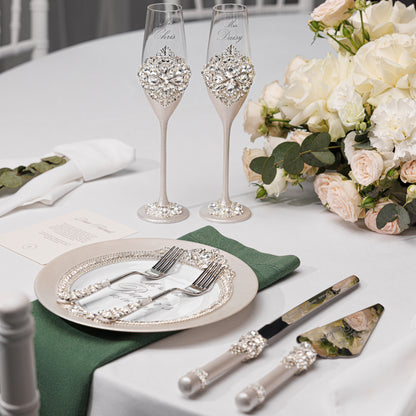 Rose Wedding Champagne Flutes & Cake Knife Server Set, 7 items