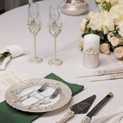 Personalized Ivory Wedding Champagne Flutes & Cake Knife Server Set,  10 items  | The Èlliance Valencia Engraved Classic set plus