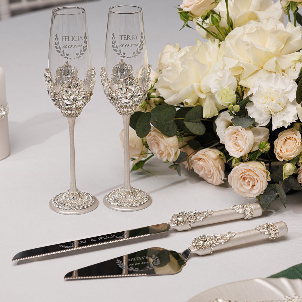 Personalized Ivory Wedding Champagne Flutes & Cake Knife Server set, 4 items | The Èlliance Valencia Engraved Flutes and Cake set