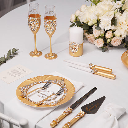 Personalized Gold Wedding Champagne Flutes & Cake Knife Server Set,  10 items  | The Èlliance Gloria Engraved Classic set plus