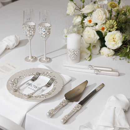 Personalized Ivory Wedding Champagne Flutes & Cake Knife Server Set,  7 items  | The Èlliance Gloria Engraved Classic set