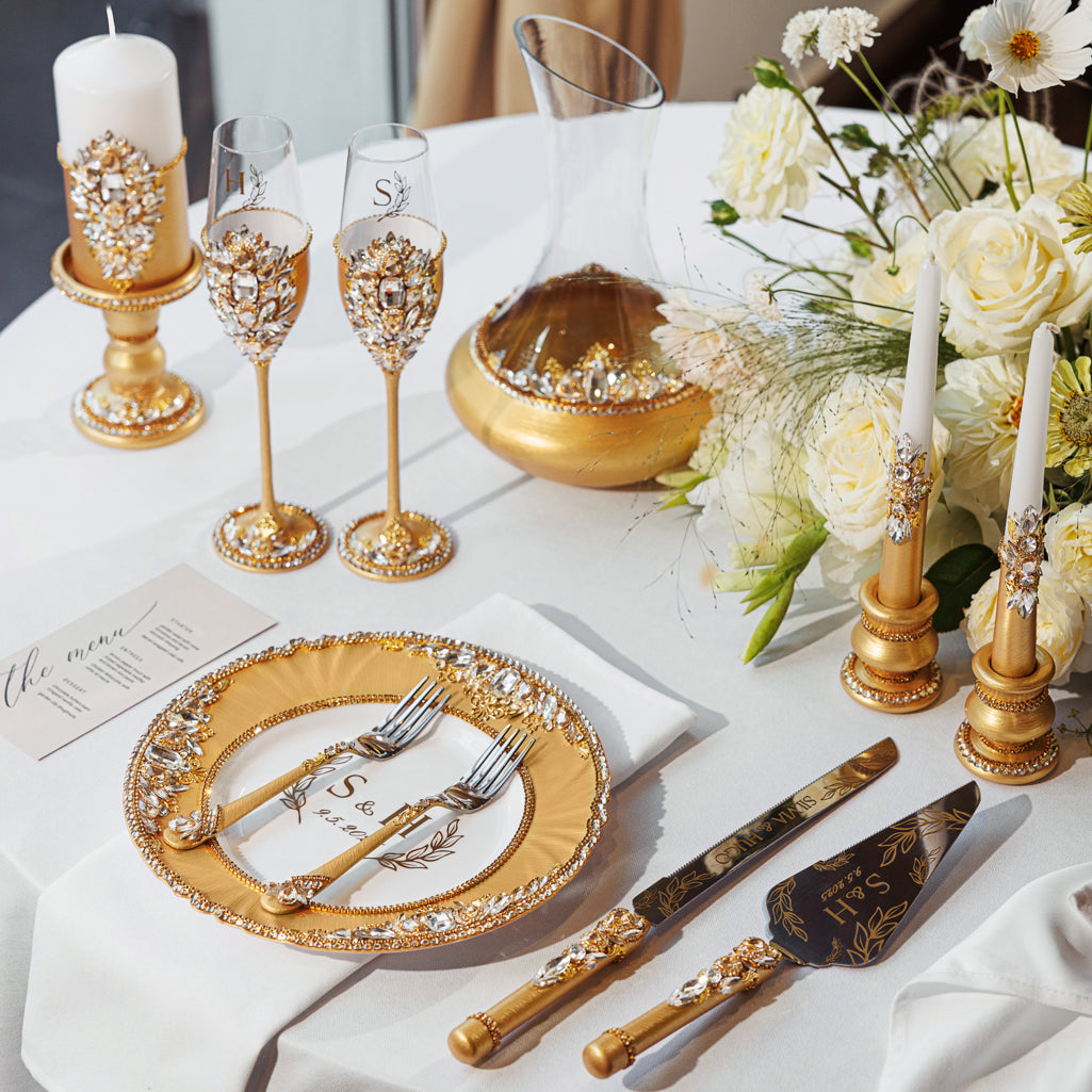 Royal Gold Flutes & Cake Knife Server Premium Set