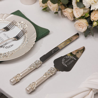 Personalized Ivory Wedding Champagne Flutes & Cake Knife Server Set,  7 items  | The Èlliance Valencia Engraved Classic set