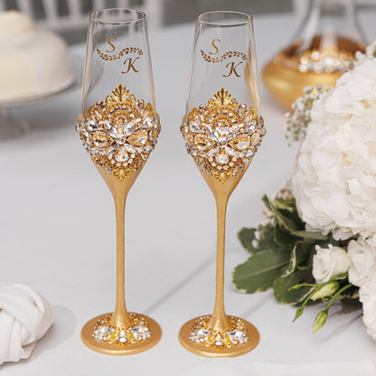 Rose Wedding Champagne Flutes & Cake Knife Server Set, 10 items