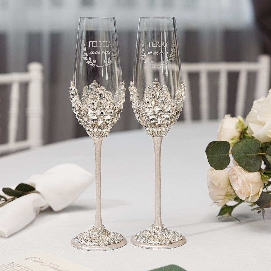 Personalized Ivory Wedding Champagne Flutes & Cake Knife Server set, 4 items | The Èlliance Valencia Engraved Flutes and Cake set