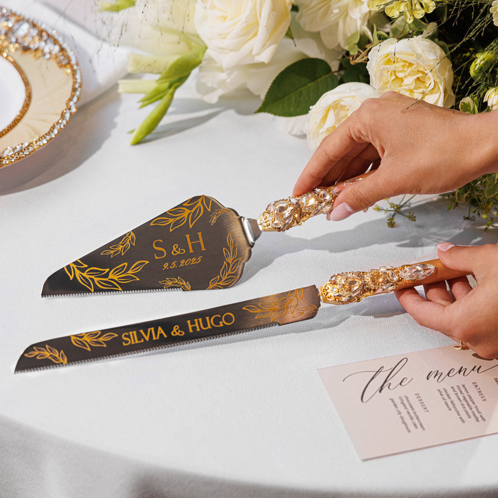 Royal Gold Flutes & Cake Knife Server set