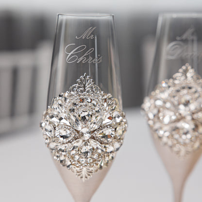 Rose Bride & Groom Champagne Wedding Toasting Flutes