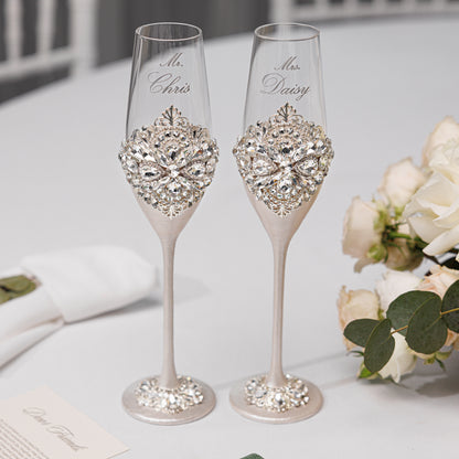 Rose Wedding Champagne Flutes & Cake Knife Server Set, 7 items