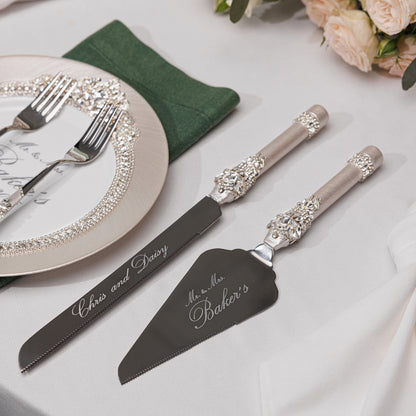 Rose Wedding Champagne Flutes & Cake Knife Server set, 4 items