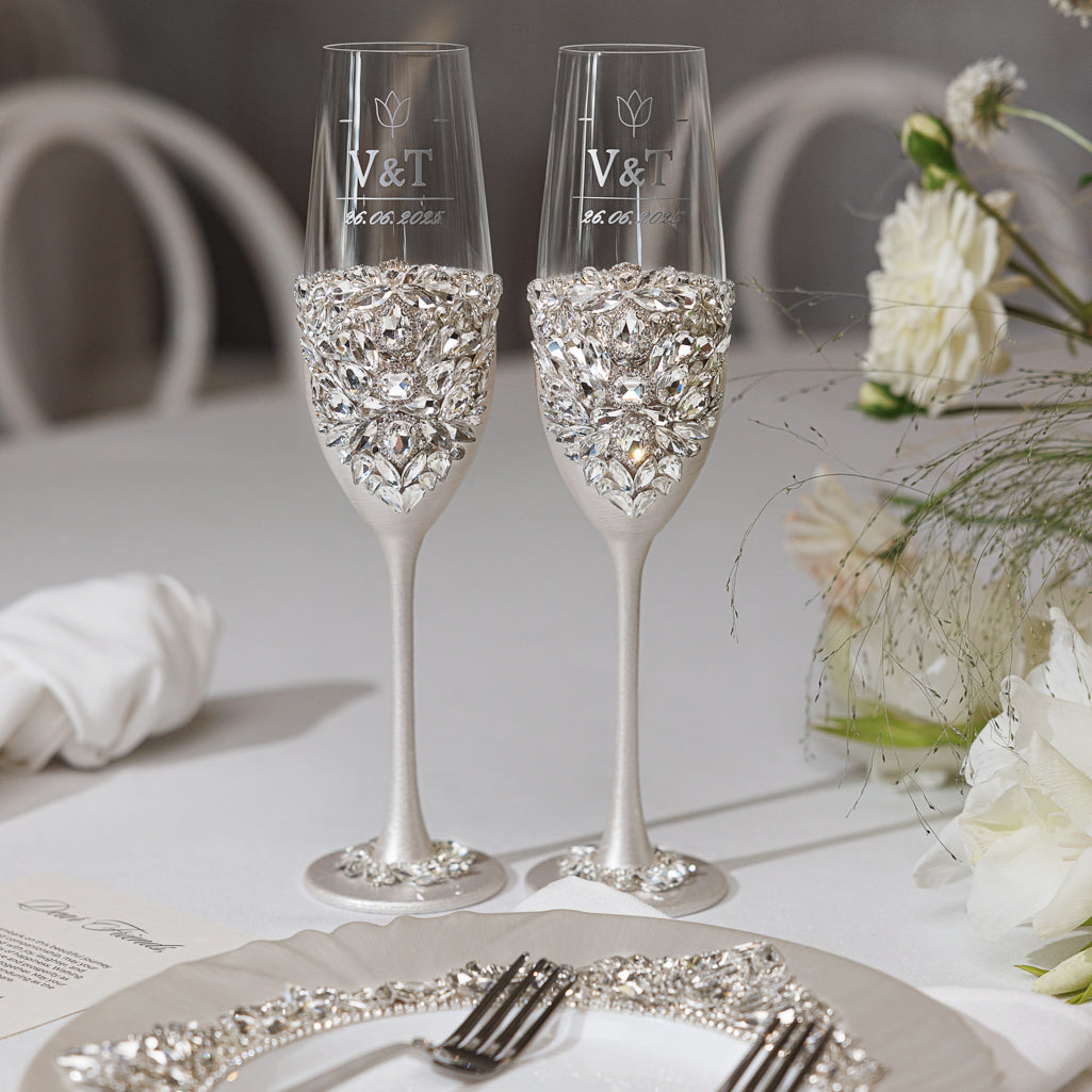 Personalized Ivory Wedding Champagne Flutes & Cake Knife Server Set,  10 items  | The Èlliance Gloria Engraved Classic set plus