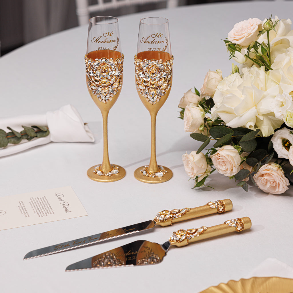 Personalized Gold Wedding Champagne Flutes & Cake Knife Server Set,  10 items  | The Èlliance Gloria Engraved Classic set plus