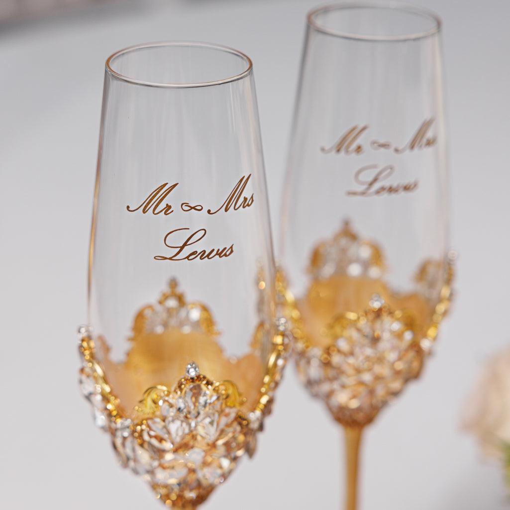 Personalized Gold Wedding Champagne Flutes & Cake Knife Server set, 4 items | The Èlliance Valencia Engraved Flutes and Cake set