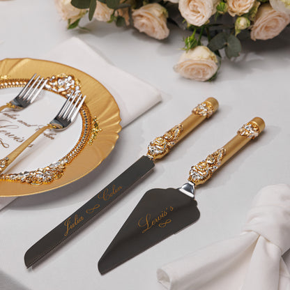 Handcrafted Gold Wedding Champagne Flutes & Cake Knife Server Set, 14 items | The Èlliance Engraved Valencia Premium Set