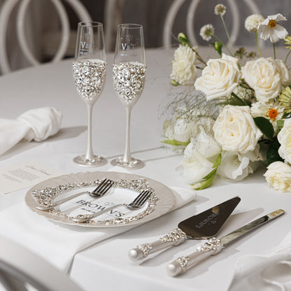 Personalized Ivory Wedding Serving set | The Èlliance Gloria Engraved Plate and Forks