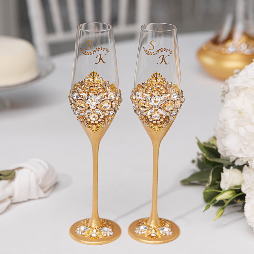 Rose Wedding Champagne Flutes & Cake Knife Server Set, 7 items