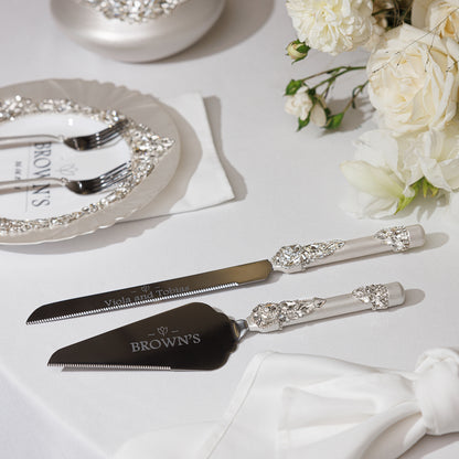 Personalized Ivory Wedding Champagne Flutes & Cake Knife Server Set,  7 items  | The Èlliance Gloria Engraved Classic set