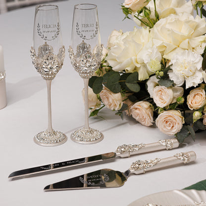 Personalized Ivory Bride & Groom Champagne Glasses | The Èlliance Valencia Engraved Wedding Flutes