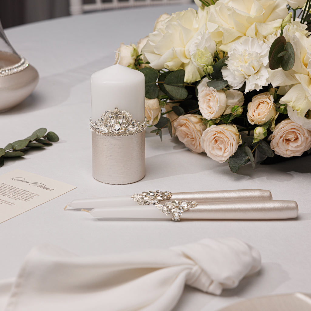 Personalized Ivory Wedding Champagne Flutes & Cake Knife Server Set,  7 items  | The Èlliance Valencia Engraved Classic set