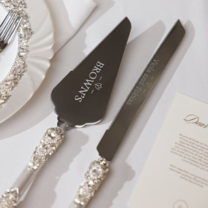 Personalized Ivory Wedding Champagne Flutes & Cake Knife Server Set,  7 items  | The Èlliance Gloria Engraved Classic set