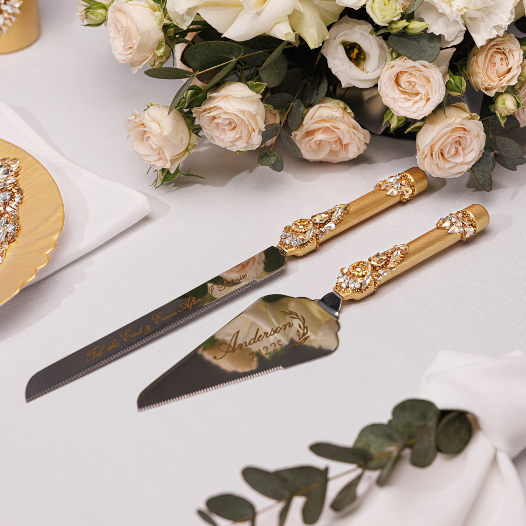 Personalized Gold Wedding Champagne Flutes & Cake Knife Server Set,  10 items  | The Èlliance Gloria Engraved Classic set plus