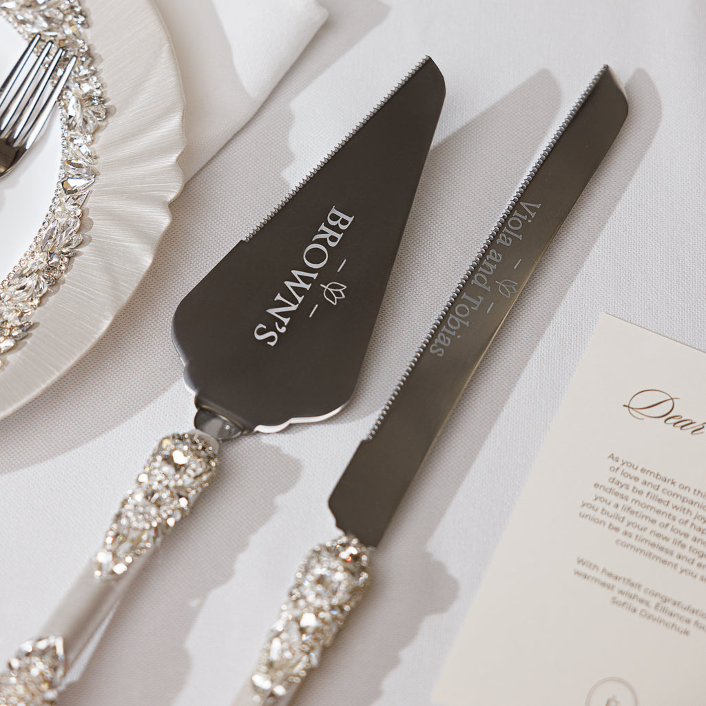 Personalized Ivory Wedding Champagne Flutes & Cake Knife Server Set,  10 items  | The Èlliance Gloria Engraved Classic set plus