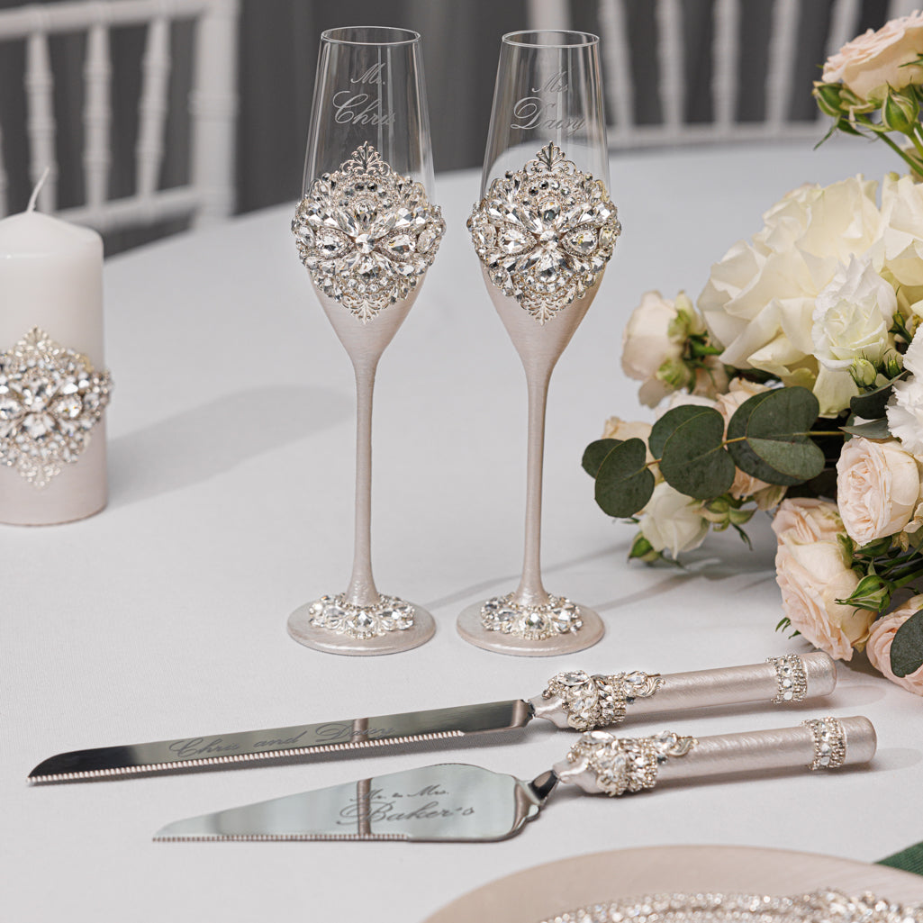 Rose Wedding Champagne Flutes & Cake Knife Server Set,  10 items