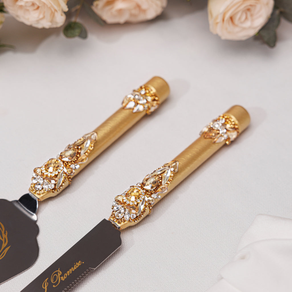 Personalized Gold Wedding Champagne Flutes & Cake Knife Server Set,  10 items  | The Èlliance Gloria Engraved Classic set plus