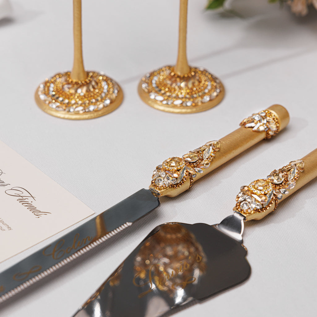 Personalized Gold Wedding Champagne Flutes & Cake Knife Server set, 4 items | The Èlliance Valencia Engraved Flutes and Cake set