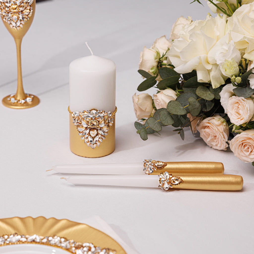 Personalized Gold Wedding Champagne Flutes & Cake Knife Server Set,  10 items  | The Èlliance Gloria Engraved Classic set plus