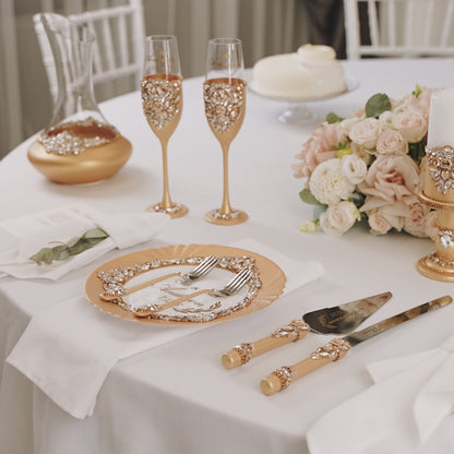 Personalized Gold Wedding Champagne Flutes & Cake Knife Server set, 4 items  |  The Èlliance Gloria Engraved Flutes and Cake set